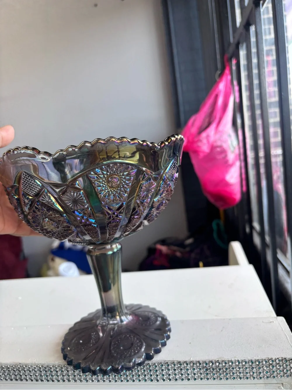 Iridescent Purple Glass Compote Pedestal Vase - Decorative Centerpiece